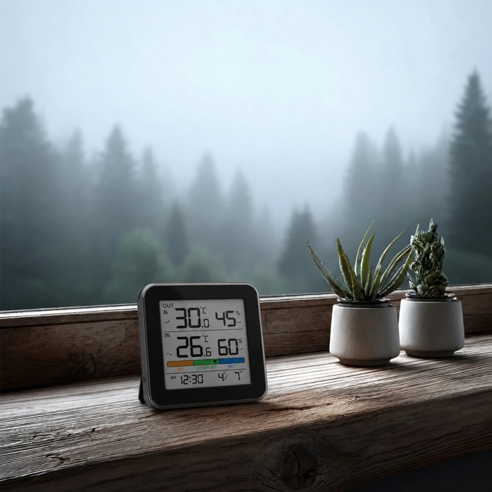 „GreenBlue“ belaidė meteorologinė stotelė, temperatūros + drėgmės įėjimas/išėjimas, laikrodis + žadintuvas + data, °C / °F, iki 60 m, juoda, GB169 B