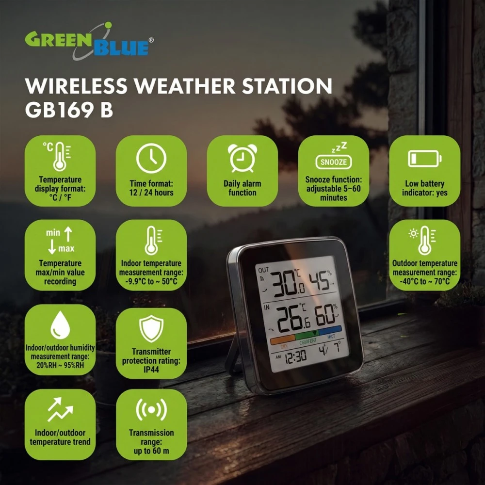 „GreenBlue“ belaidė meteorologinė stotelė, temperatūros + drėgmės įėjimas/išėjimas, laikrodis + žadintuvas + data, °C / °F, iki 60 m, juoda, GB169 B