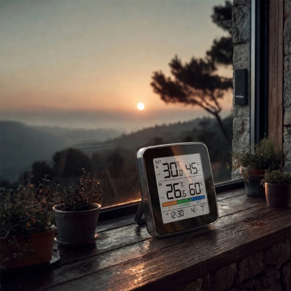 „GreenBlue“ belaidė meteorologinė stotelė, temperatūros + drėgmės įėjimas/išėjimas, laikrodis + žadintuvas + data, °C / °F, iki 60 m, juoda, GB169 B