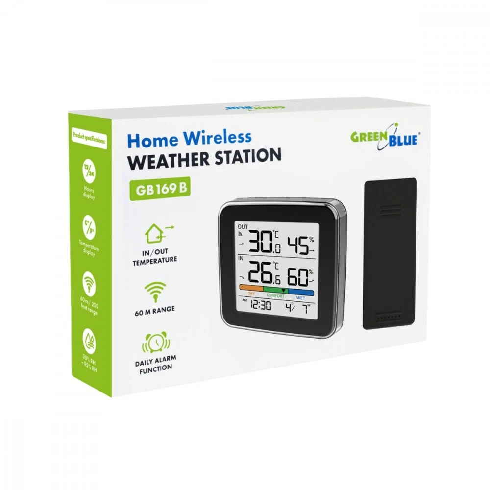 „GreenBlue“ belaidė meteorologinė stotelė, temperatūros + drėgmės įėjimas/išėjimas, laikrodis + žadintuvas + data, °C / °F, iki 60 m, juoda, GB169 B