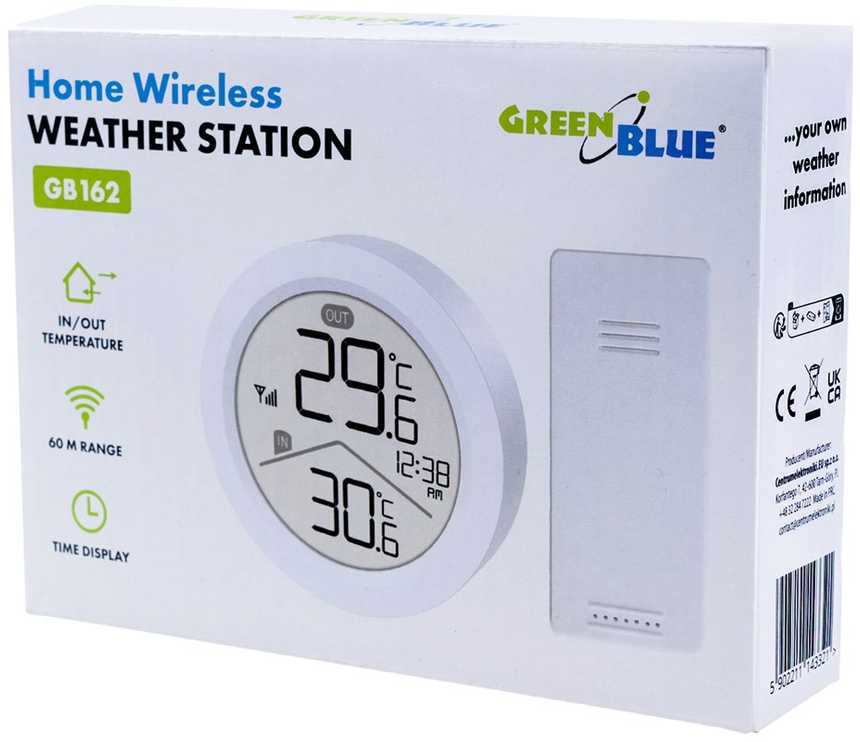 „GreenBlue“ belaidė meteorologinė stotelė, įėjimo/išėjimo temperatūra, laikrodis, °C/°F pasirinkimas, veikimo nuotolis iki 60 m, GB162