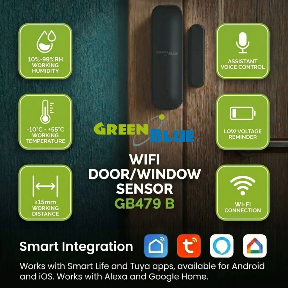 Bezprzewodowy Belaidis WiFi liežuvėlių jungiklis / atidarymo jutiklis GreenBlue, Android/iOS, durims / langams, 3.0V DC, LR03x2, GB479 B