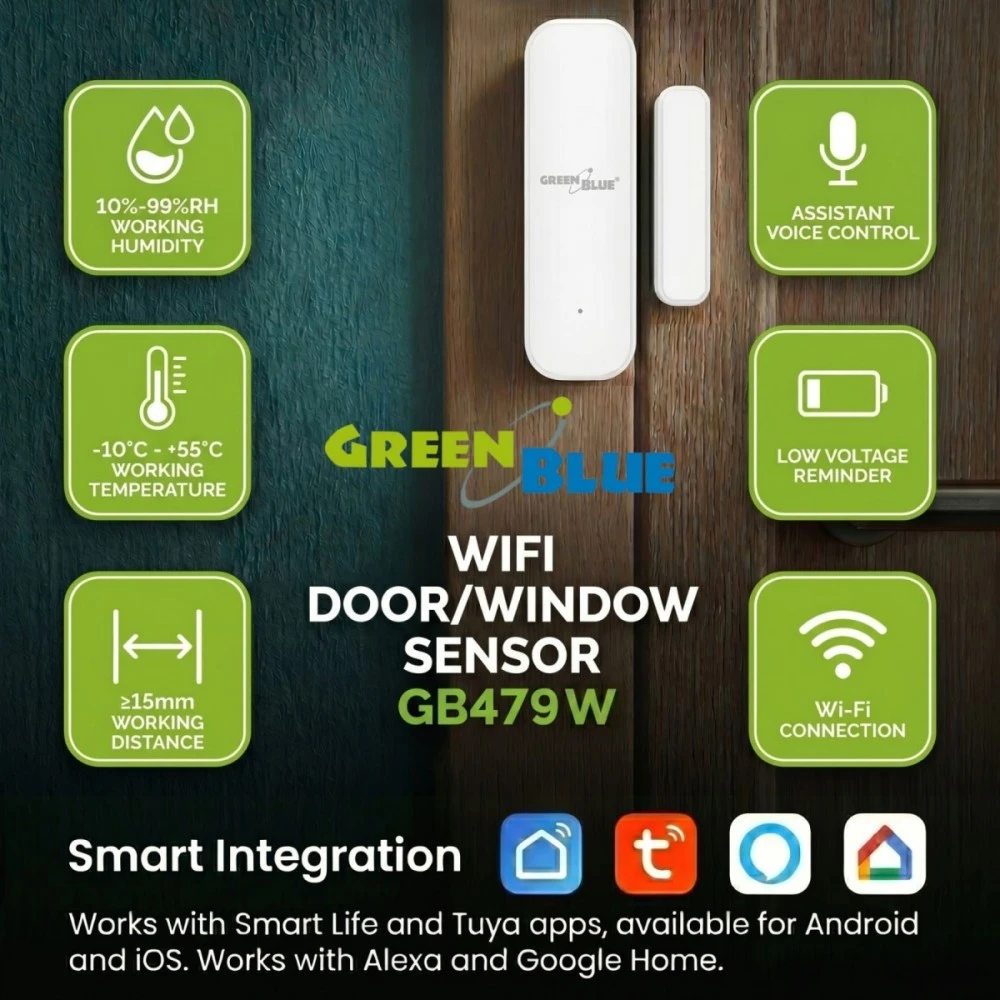 Bezprzewodowy Belaidis WiFi liežuvėlių jungiklis / atidarymo jutiklis GreenBlue, Android/iOS, durims / langams, 3.0V DC, LR03x2, GB479 W