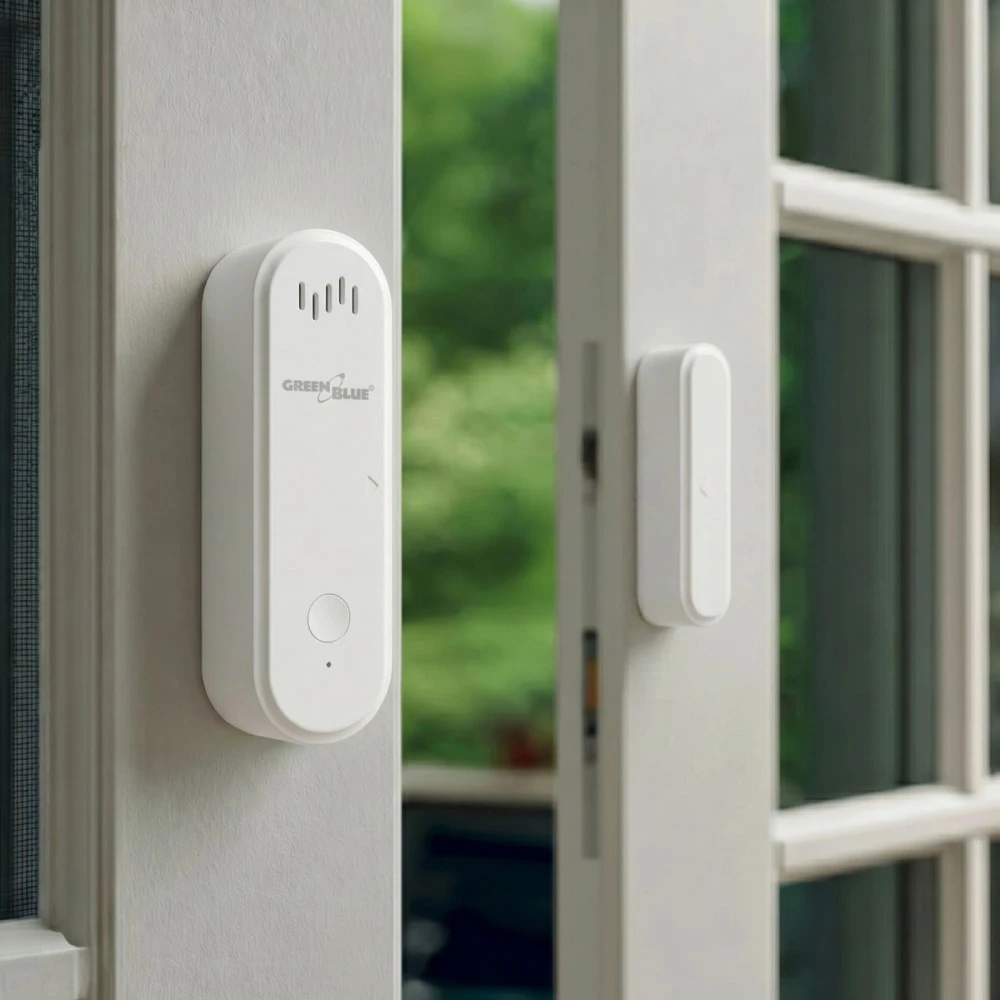 Bezprzewodowy „GreenBlue“ belaidis kontaktinis/atidarymo jutiklis „Android“/iOS, durims/langams, 3,0 V nuolatinė srovė, LR03x2, su signalizacija, GB478