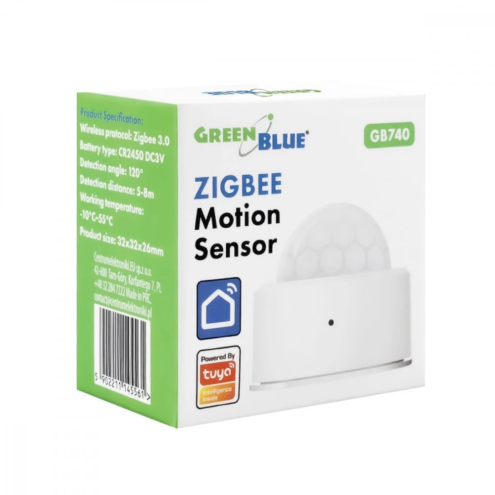 Bezprzewodowy „Tuya GreenBlue“ belaidis „Zigbee“ judesio jutiklis, „Android“ / „iOS“, CR2450 DC 3.0V, 120° aptikimo diapazonas / iki 8 m, GB740