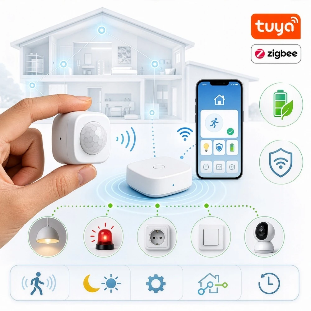 Bezprzewodowy „Tuya GreenBlue“ belaidis „Zigbee“ judesio jutiklis, „Android“ / „iOS“, CR2450 DC 3.0V, 120° aptikimo diapazonas / iki 8 m, GB740