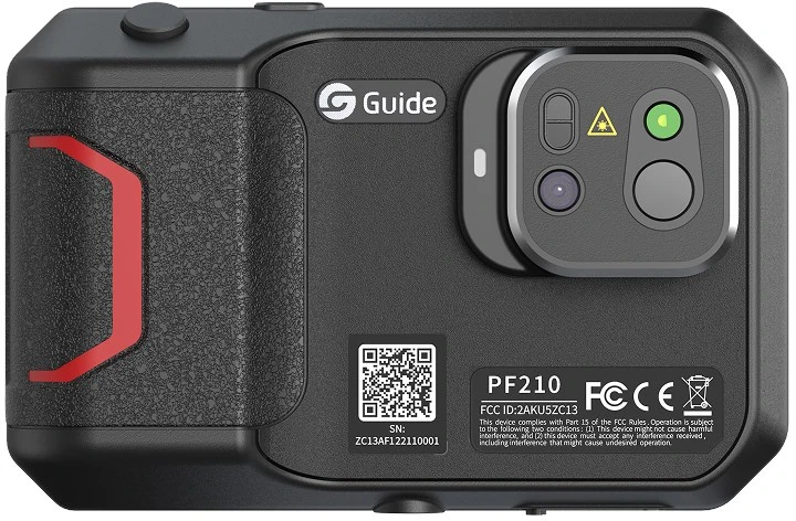 „Guide Sensmart PF210“ terminio vaizdo kamera. Vanadžio oksido neaušinami židinio plokštumos masyvai. Juodas, 256 x 192 pikselių. Integruotas LCD ekranas.