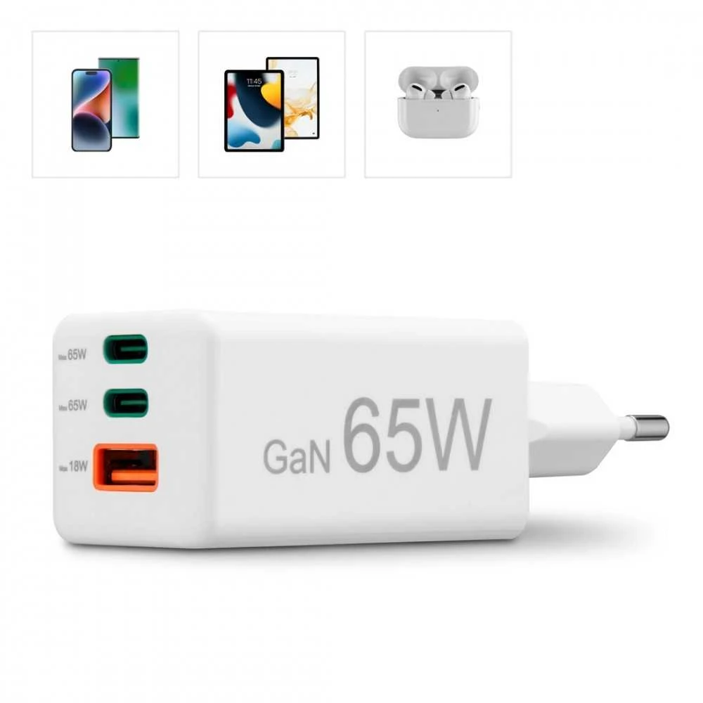 Hama mini GaN 65W PD/QC 2x USB-C, 1x USB-A balta