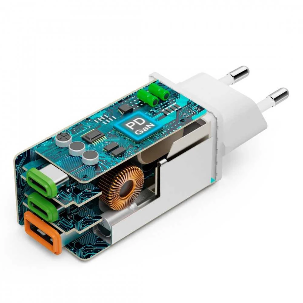 Hama mini GaN 65W PD/QC 2x USB-C, 1x USB-A balta