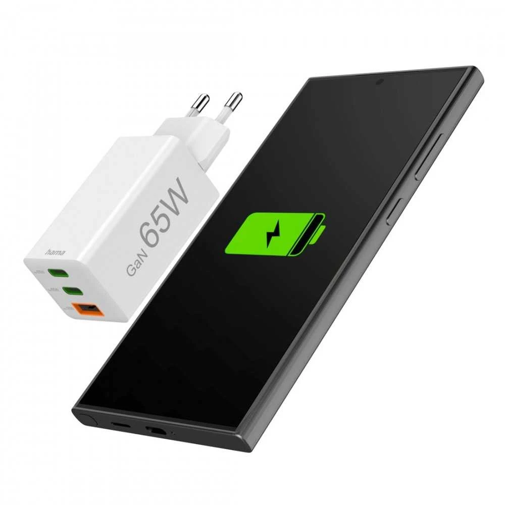 Hama mini GaN 65W PD/QC 2x USB-C, 1x USB-A balta