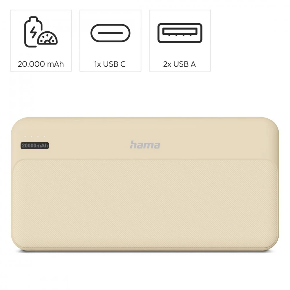 Hama Power Pack Pocket 20 20000 mAh 2X USB-A smėlio