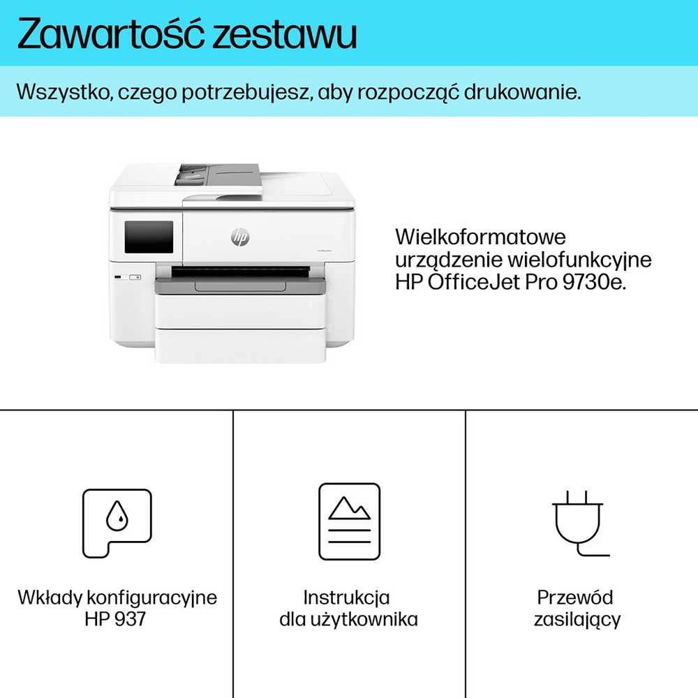 Hewlett Packard (HP) HP OfficeJet Pro 9730e HP+ plataus formato AiO All-in-One Spausdintuvas - A3/A4 spalvotas rašalas, spausdinimas/kopijavimas/nuskaitymas, automatinis dokumentų tiektuvas, automatinis dvipusis, du dėklai, LAN, Wifi, 22 psl. per mėnesį, 250-1500 puslapių (pakeičia OfficeJet Pro 7740)
