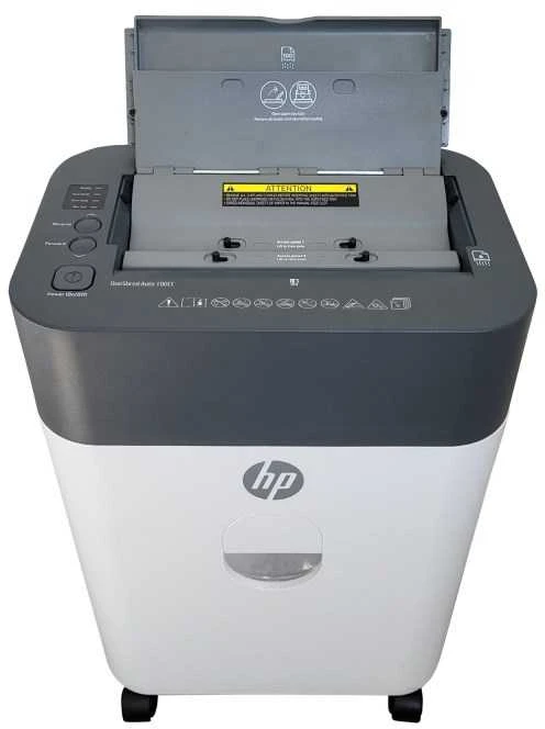 Hewlett Packard (HP) „HP Oneshred Auto 100cc“ smulkintuvas, baltas ir pilkas