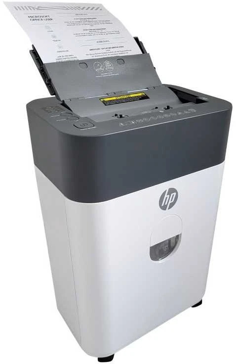 Hewlett Packard (HP) „HP Oneshred Auto 100cc“ smulkintuvas, baltas ir pilkas