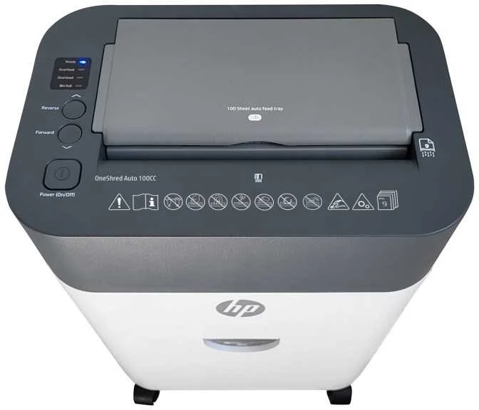 Hewlett Packard (HP) „HP Oneshred Auto 100cc“ smulkintuvas, baltas ir pilkas
