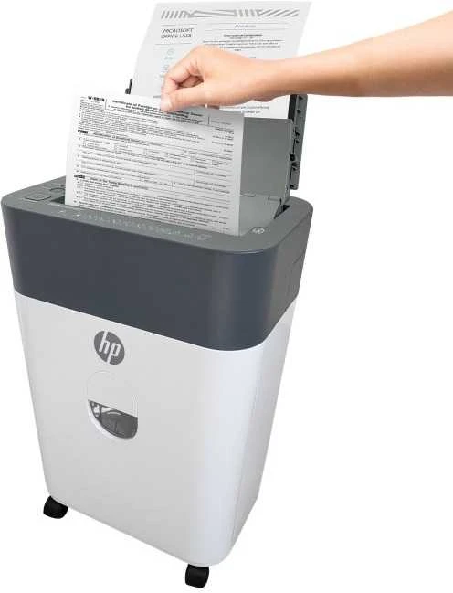 Hewlett Packard (HP) „HP Oneshred Auto 100cc“ smulkintuvas, baltas ir pilkas