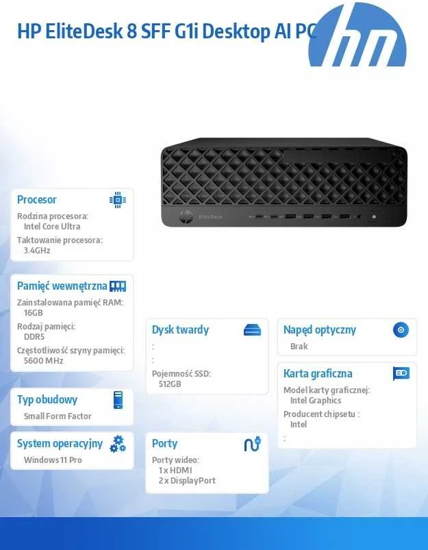 Stacionarus kompiuteris HP EliteDesk 8 SFF G1i AI, Intel Core Ultra 5 235, 16 GB DDR5-SDRAM, 512 GB SSD, Windows 11 Pro, AI PC, juodos spalvos