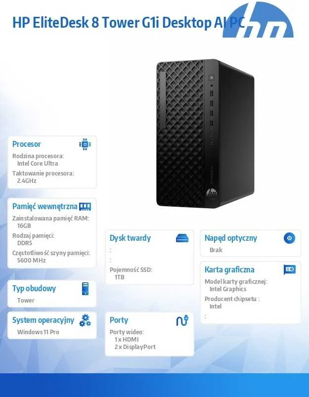 Stacionarus kompiuteris „Hewlett Packard“ (HP) „HP EliteDesk 8 Tower G1i“ su dirbtiniu intelektu „Intel Core Ultra 7 265“ procesoriumi, 16 GB DDR5-SDRAM, 1 TB SSD, „Windows 11 Pro“ kompiuteriu, dirbtiniu intelektu, juodu.