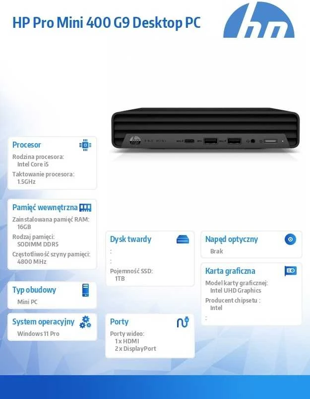 Hewlett Packard (HP) HP Pro Mini 400 G9 Desktop PC Intel® Core™ i5 16 GB DDR5-SDRAM Windows 11 Pro Mini PC Juodas