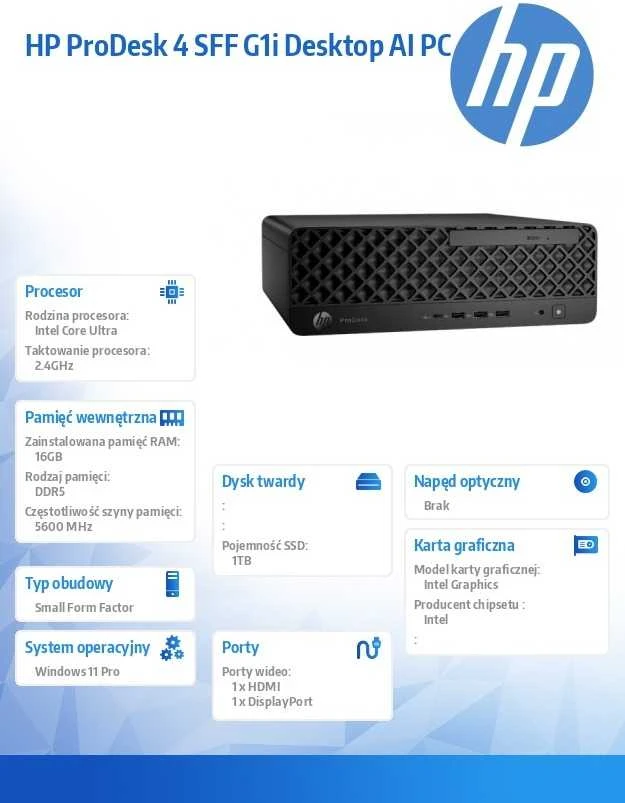 Stacionarus kompiuteris Hewlett Packard (HP) HP ProDesk 4 SFF G1i Desktop AI PC Intel Core Ultra 7 265 16 GB DDR5-SDRAM 1 TB SSD Windows 11 Pro Juodas