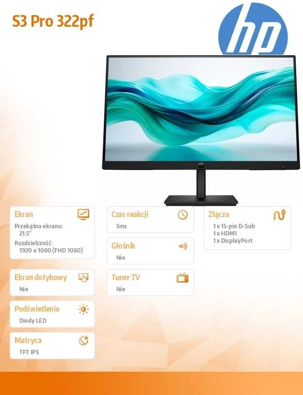 HP 322pf Series 3 Pro FHD monitorius - 21.5" 1920x1080 FHD 250-nit 100Hz AG, IPS, HDMI/VGA/DisplayPort, pakreipiamas, 3 metimai (pakeičia P22)