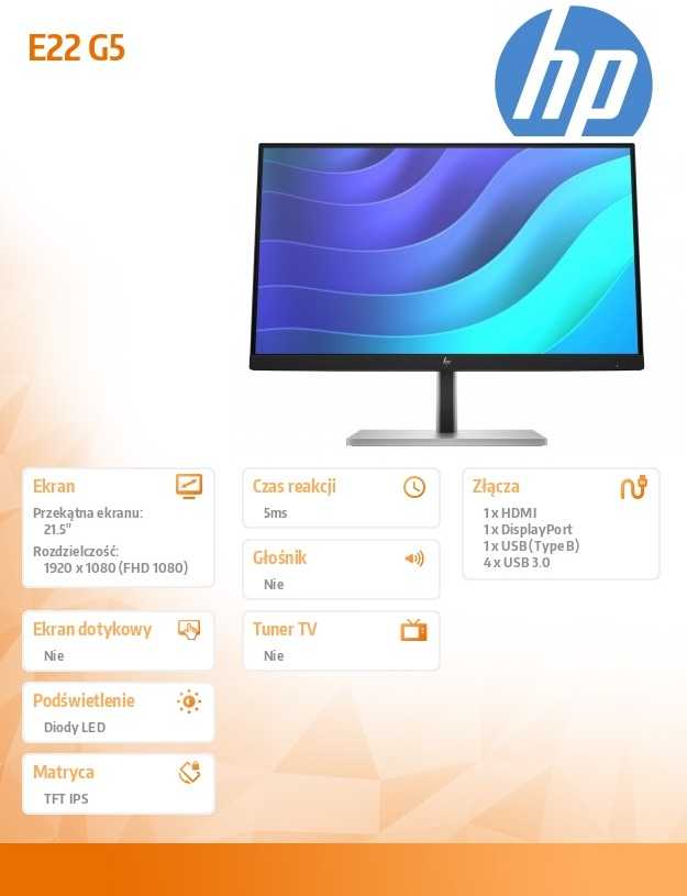 Hewlett Packard (HP) HP E22 G5 FHD monitorius – 21,5 colio 1920x1080 FHD 250 nitų 75 Hz AG, IPS, HDMI/DisplayPort, 4x USB-A, reguliuojamas aukštis / pakreipimas / pasukamas / pasukamas, 3 metai