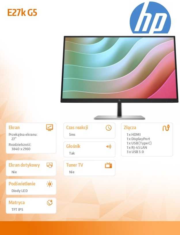 Hewlett Packard (HP) HP E27k G5 4K įkrovimo monitorius – 27 colių 3840x2160 UHD 350 nitų 60 Hz AG, IPS, USB-C(65W/15W)/HDMI/DisplayPort, 3x USB-A, garsiakalbiai, aukštis RJ-45 reguliuojamas / pakreiptas / pasukamas / pasukamas, 3 metai