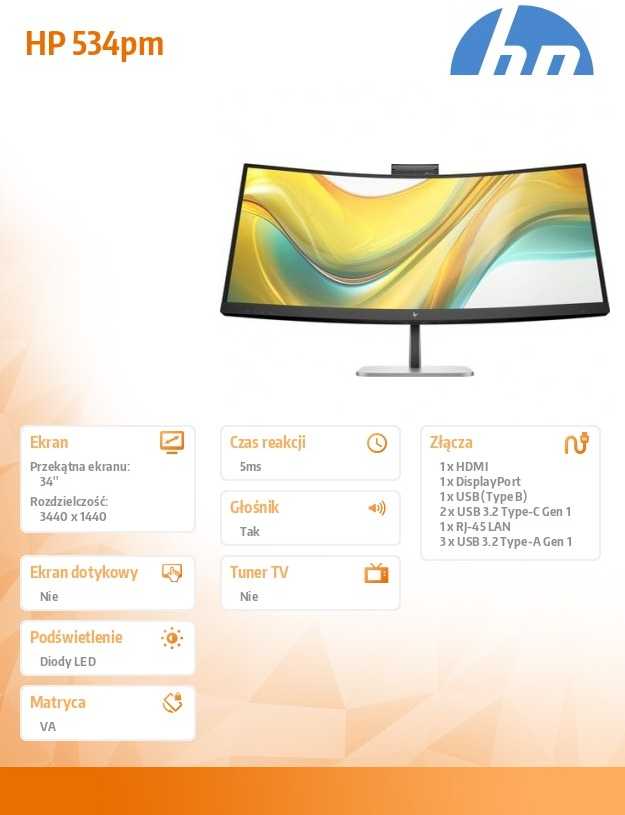 HP 534pm Series 5 Pro WQHD USB-C lenktas konferencinis monitorius - 34 colių 3440x1440 WQHD 400 nitų AG, VA, USB-C (100W/15W)/HDMI/DisplayPort, 3x USB-A, garsiakalbiai, 5MP internetinė kamera, RJ-45 LAN, reguliuojamo aukščio / pakreipimo / pasukimo, 3 metimai (pakeičia E34m)