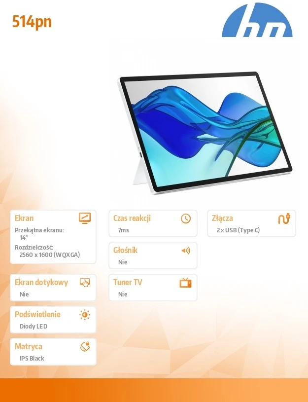 HP 514pn 5 serijos „Pro“ nešiojamasis monitorius – 14,36 colio, 2560 x 1600 WQXGA, 16:10, 75 Hz, 400 nitų AG, IPS, 2 USB-C, pakreipimo funkcija, 3 matmenys (pakeičia E14 G4)