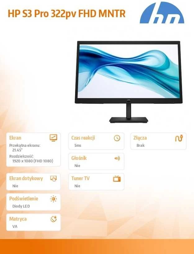HP 322pv Series 3 Pro FHD monitorius - 21.45" 1920x1080 FHD 250-nit 100Hz AG, VA, HDMI/VGA, pakreipimas, 3 metimai (pakeičia P22v)