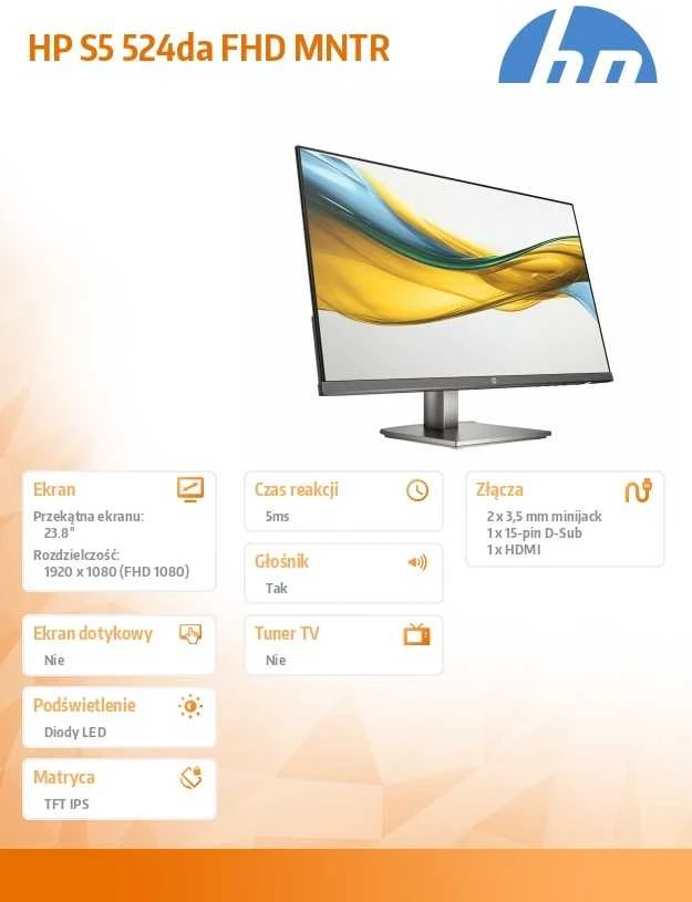 „HP 524da“ 5 serijos FHD monitorius – 23,8 colio 1920 x 1080 FHD 300 nitų 100 Hz AG, IPS, HDMI/VGA, garsiakalbiai, reguliuojamo aukščio/pakreipimo, 3 metai
