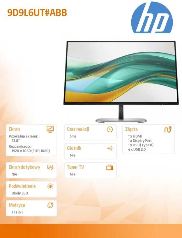 HP 524pf Series 5 Pro FHD monitorius – 23,8 colių 1920x1080 FHD 350 nitų 100 Hz AG, IPS, HDMI/DisplayPort, 4x USB-A, reguliuojamas aukštis / pakreipimas / pasukimas / pasukamas, 3 metai (pakeičia E24 G5)
