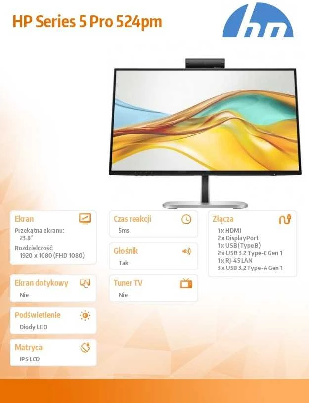 HP 524pm Series 5 Pro FHD konferencijų monitorius – 23,8 colio 1920x1080 FHD 350 nitų 100 Hz AG, IPS, USB-C(100W/15W)/HDMI/DP Daisy-Chain, 3x USB-A, garsiakalbiai, internetinė kamera, R,J-4 reguliuoti / pakreipti / pasukti / pasukti, 3 metai (pakeičia E24m)