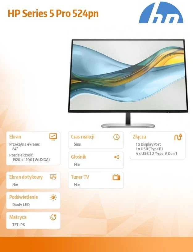 HP 524pn Series 5 Pro WUXGA monitorius – 24 colių 1920x1200 WUXGA 350 nitų 100Hz AG, IPS, HDMI/DisplayPort, 4x USB-A, reguliuojamas aukštis / pakreipimas / pasukamas / sukamas, 3 metai (pakeičia E24i G4) (Pažeista pakuotė)