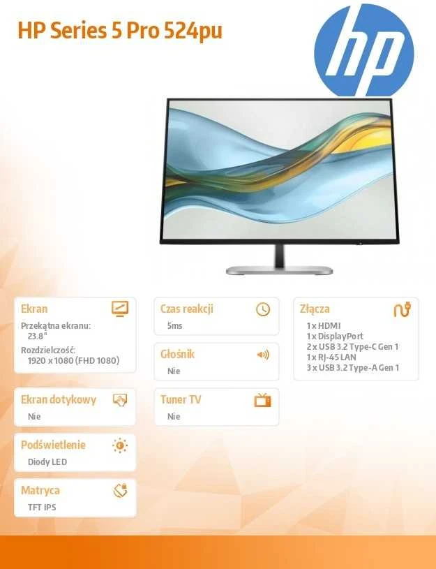 HP 524pu Series 5 Pro FHD įkrovimo monitorius – 23,8 colių 1920x1080 FHD 350 nitų 100 Hz AG, IPS, USB-C(100W/15W)/HDMI/DisplayPort Daisy-Chain, 3x USB-A, RJ-45velti/pivolt aukštis/ (pakeičia E24u G5) (Pažeista pakuotė)