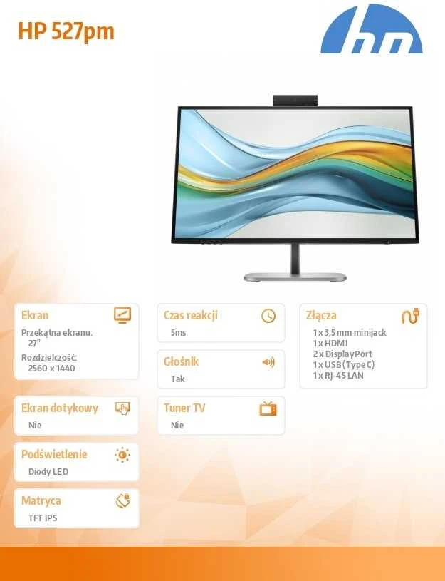 HP 527pm Series 5 Pro QHD konferencijų monitorius – 27 colių 2560x1440 QHD 350 nitų 100 Hz AG, IPS, USB-C(100W/15W)/HDMI/DP Daisy-Chain, 3x USB-A, garsiakalbiai, reguliuojamo aukščio kamera/LAN, RJ, vel-45tivolt 3 metai (pakeičia E27m)