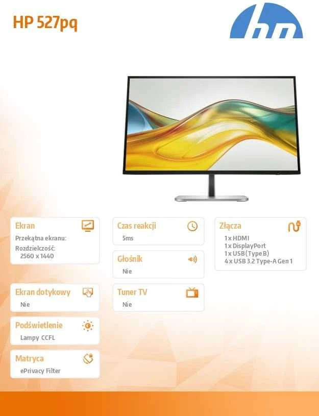 HP 527pq Series 5 Pro QHD monitorius – 27 colių 2560x1440 QHD 350 nitų 100Hz AG, IPS, HDMI/DisplayPort, 4x USB-A, reguliuojamas aukštis / pakreipimas / pasukamas / sukamas, 3 metai (pakeičia E27q G5)