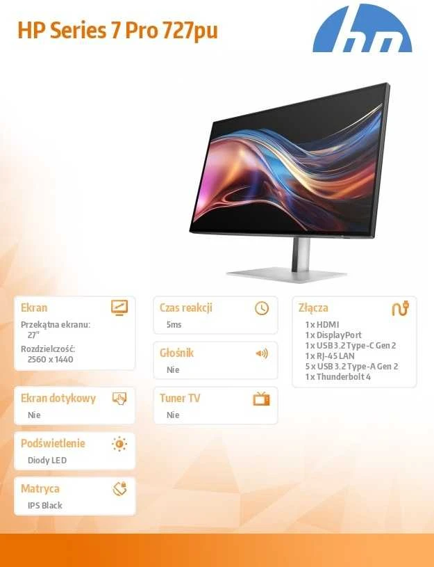 HP 727pu serijos 7 Pro QHD TB4 įkrovimo monitorius - 27 colių 2560x1440 QHD 400 nitų 120Hz AG, IPS Juodas HDR 400, USB-C (100W/15W)/HDMI/DisplayPort Daisy-Chain, 5x USB-A, RJ-45 LAN, reguliuojamo aukščio/pakreipimo/pasukimo/sukimosi, 3 metai (pakeičia Z27u G3)