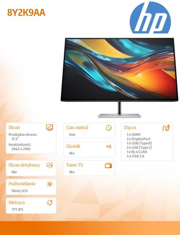 Hewlett Packard (HP) HP 732pk Series 7 Pro 4K TB4 įkrovimo monitorius - 31.5" 3840x2160 UHD 400 nitų 60Hz AG, IPS Juodas HDR 400, USB-C (100W/15W)/HDMI/DisplayPort Daisy-Chain, 4x USB-A, RJ-45 LAN, reguliuojamo aukščio/pakreipimo/pasukimo/sukimosi, 3 metai (pakeičia Z32k G3)