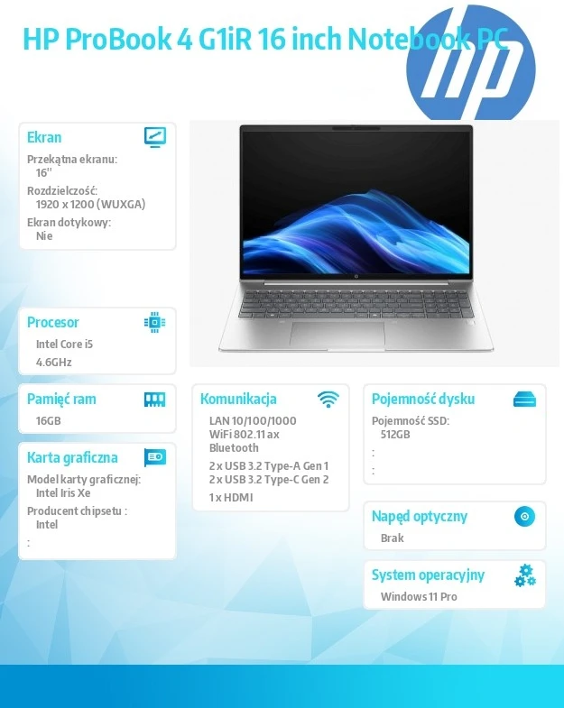 Hewlett Packard (HP) HP ProBook 4 G1iR 16-inch Nešiojamas kompiuteris PC Intel® Core™ i5 i5-1334U Nešiojamas kompiuteris 40.6 cm (16") WUXGA 16 GB DDR5-SDRAM 512 GB SSD Wi-Fi 6E (802.11ax) Windows 11 Pro Sidabrinis