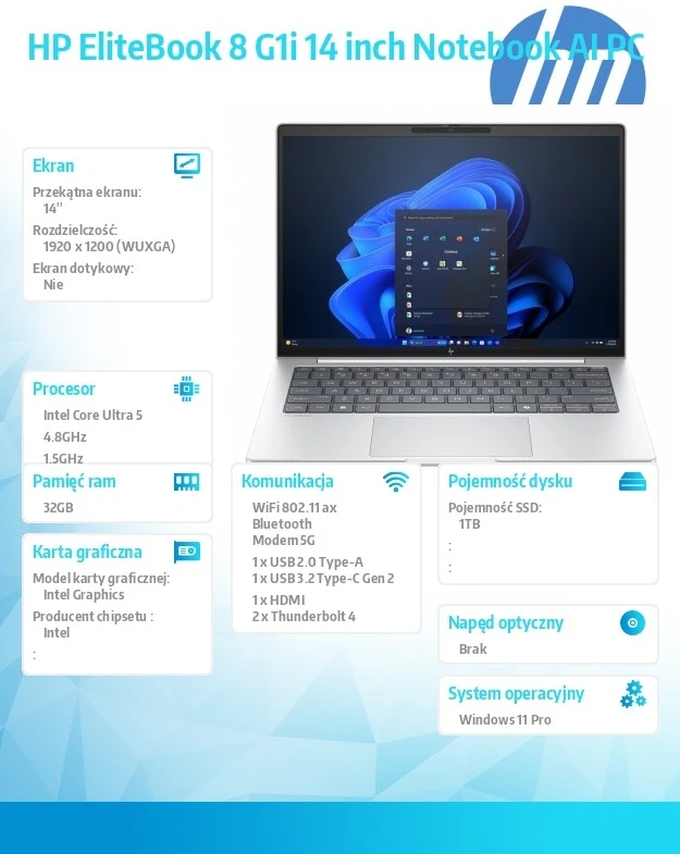 Hewlett Packard (HP) HP EliteBook 8 G1i AI PC Intel Core Ultra 5 225U 14" WUXGA 32 GB DDR5-SDRAM 1 TB SSD Wi-Fi 6E (802.11ax) Windows 11 Pro sidabrinis