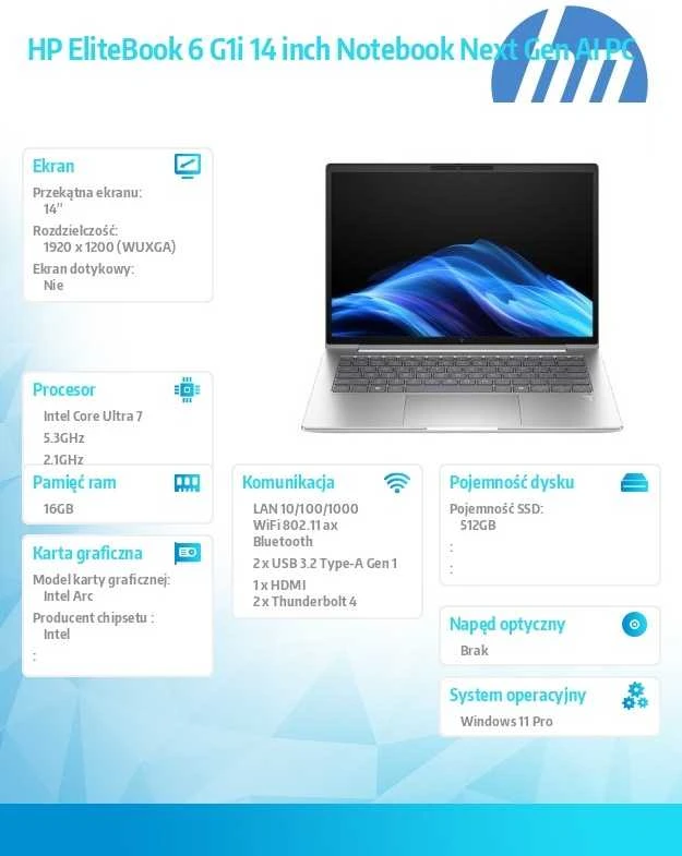 Hewlett Packard (HP) Nešiojamas kompiuteris elitebook 6 g1i u7-265u 512gb/16gb/w11p/13.3 cala c51hbet
