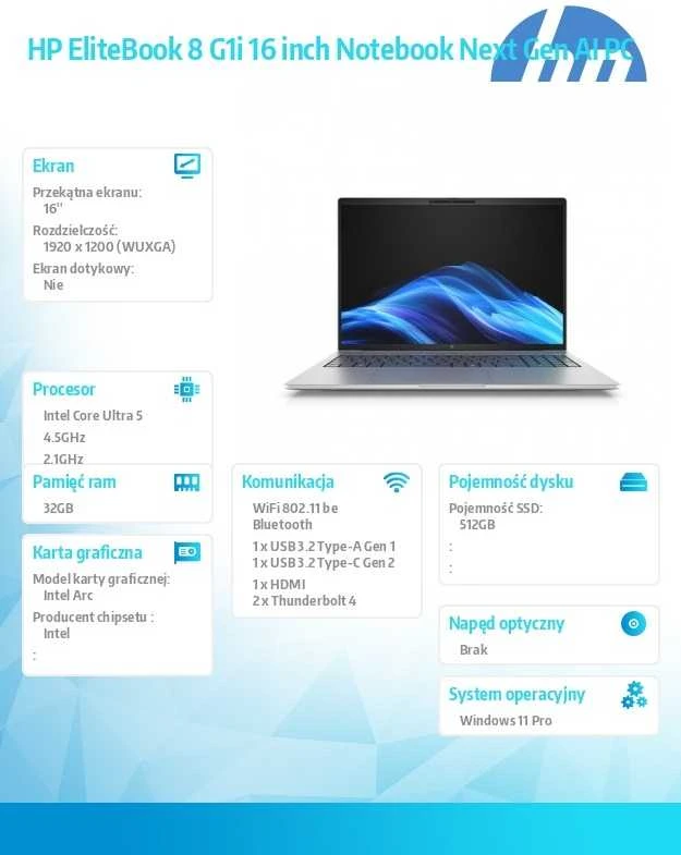 Nešiojamas kompiuteris HP EliteBook 8 G1i 16 C51MMET Ultra 5 228V 16" WUXGA 32GB 512SSD W11Pro