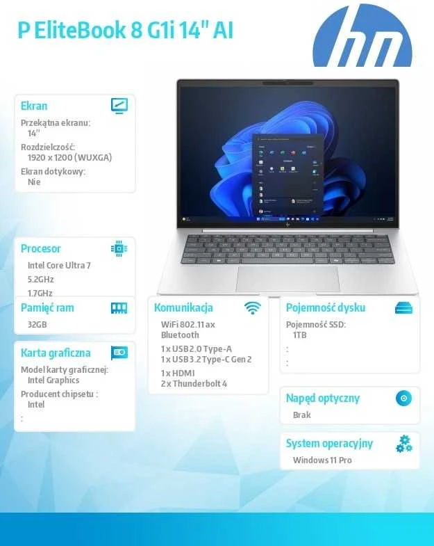 Nešiojamas kompiuteris „Hewlett Packard“ (HP) nešiojamasis „HP EliteBook 8 G1i“, 14 colių įstrižainės, dirbtinio intelekto kompiuteris, „Intel Core Ultra 7 255U“, 35,6 cm (14 colių), WUXGA, 32 GB DDR5-SDRAM, 1 TB SSD, „Wi-Fi 6E“ (802.11ax), „Windows 11 Pro“.
