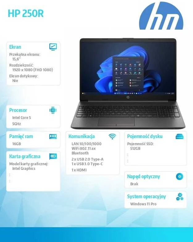 Nešiojamas kompiuteris Hewlett Packard (HP) HP 250R G9 nešiojamasis kompiuteris Intel Core 5 120U 15,6" Full HD 16 GB DDR4-SDRAM 512 GB SSD Wi-Fi 6 (802.11ax) Windows 11 Pro Juodas