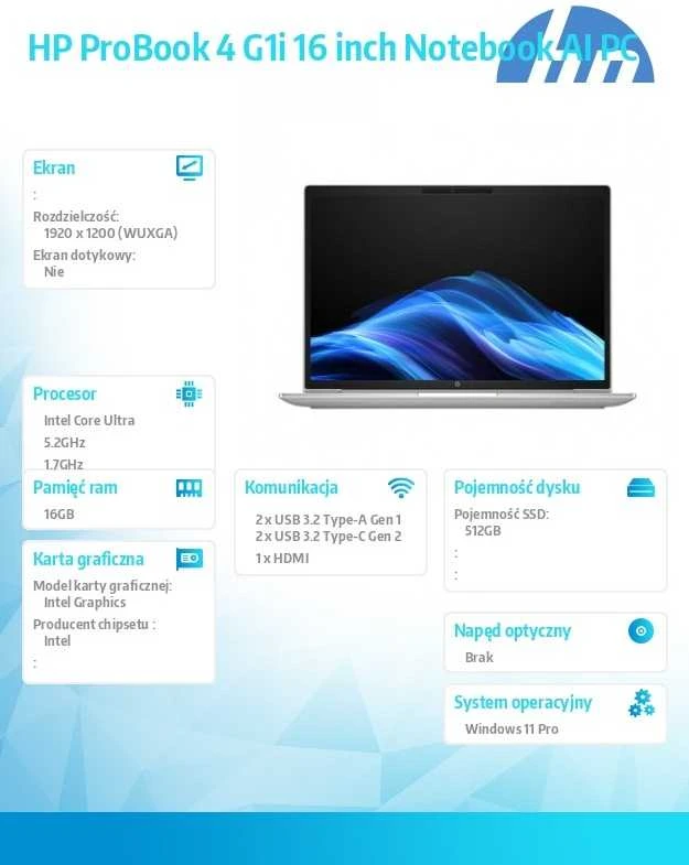 Nešiojamas kompiuteris HP ProBook 4 G1i Ultra 7 255U 16" WUXGA IPS 300nits AG 16GB DDR5 5600 SSD 512 Arc kamera 1080p 56Wh W11Pro