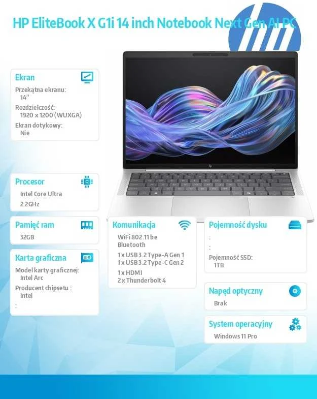 HP EliteBook X G1i 14' Nešiojamas kompiuteris Next Gen AI PC Copilot+ PC Intel Core Ultra 7 268V Nešiojamas kompiuteris 35,6 cm (14") WUXGA 32 GB LPDDR5x-SDRAM 1 TB SSD Wi-Fi 7 (802.11be) Windows 11 Pro