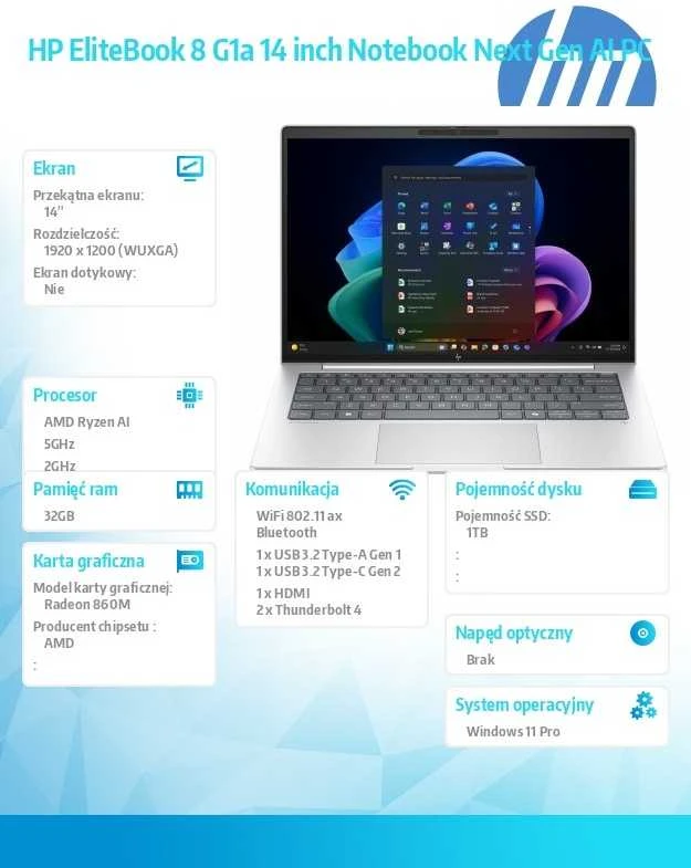 Nešiojamas kompiuteris Hewlett Packard (HP) HP EliteBook 8 G1a Next Gen AI PC Copilot+ PC 14", AMD Ryzen AI 7 PRO 350, WUXGA, 32 GB DDR5-SDRAM, 1 TB SSD, Wi-Fi 6E (802.11ax), Windows 11 Pro, sidabrinis