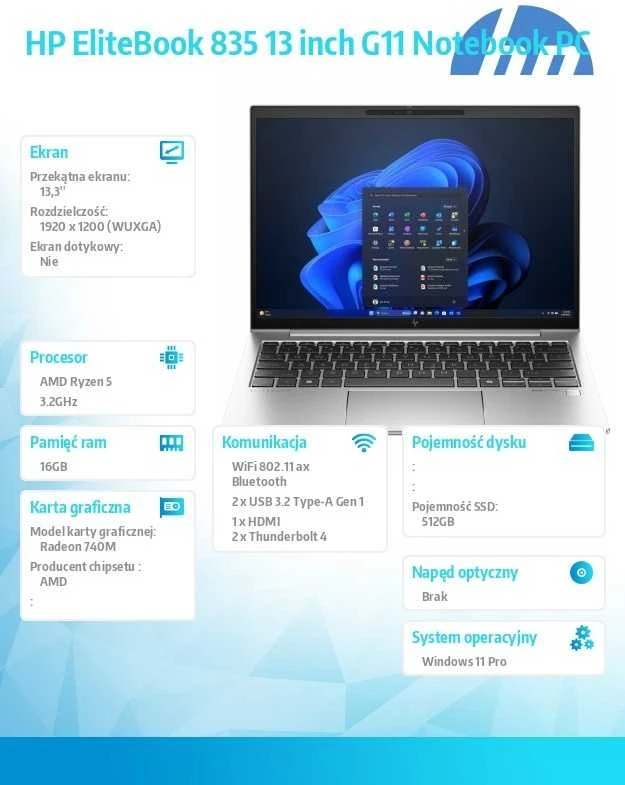 Hewlett Packard (HP) HP EliteBook 835 G11 AMD Ryzen™ 5 8540U Nešiojamas kompiuteris 33.8 cm (13.3") WUXGA 16 GB LPDDR5x-SDRAM 512 GB SSD Wi-Fi 6E (802.11ax) Windows 11 Pro AI PC Sidabrinis