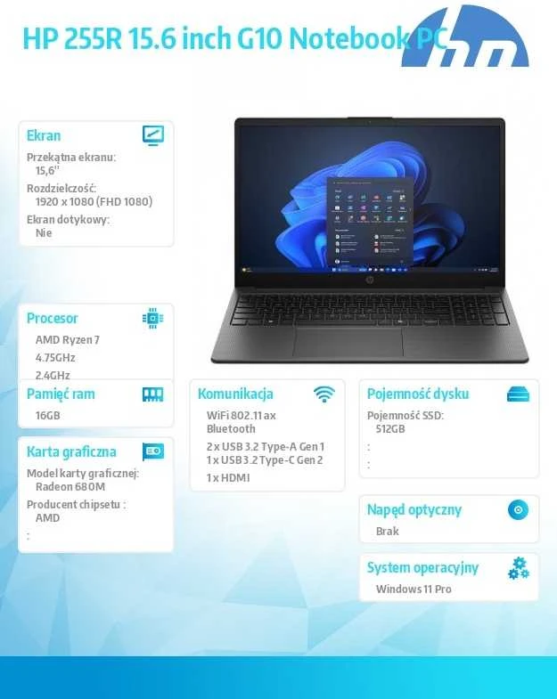 Hewlett Packard (HP) HP 255R 15.6" G10 nešiojamas kompiuteris, AMD Ryzen™ 7 7735U, Full HD, 16 GB DDR5-SDRAM, 512 GB SSD, Wi-Fi 6 (802.11ax), Windows 11 Pro, juodas
